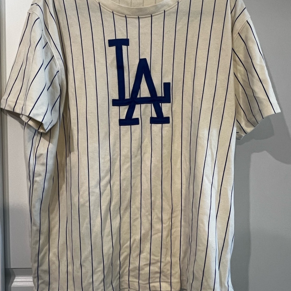 New Era Cream Tee with Blue Pinstripes